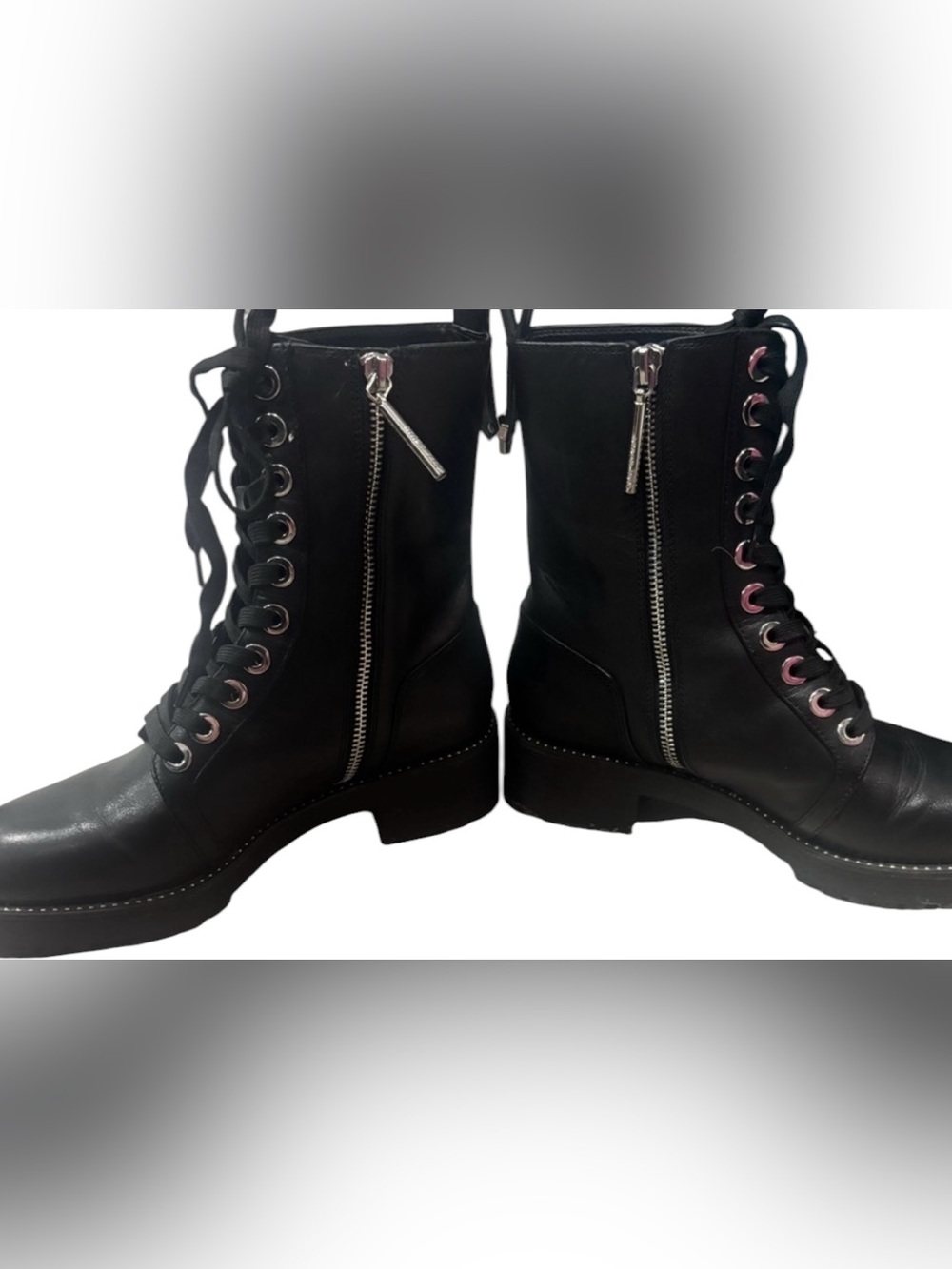 ZARA Black Combat Moto Boots Women’s Size 7 | Lace-Up Side Zip Lug Sole - Picture 2 of 9